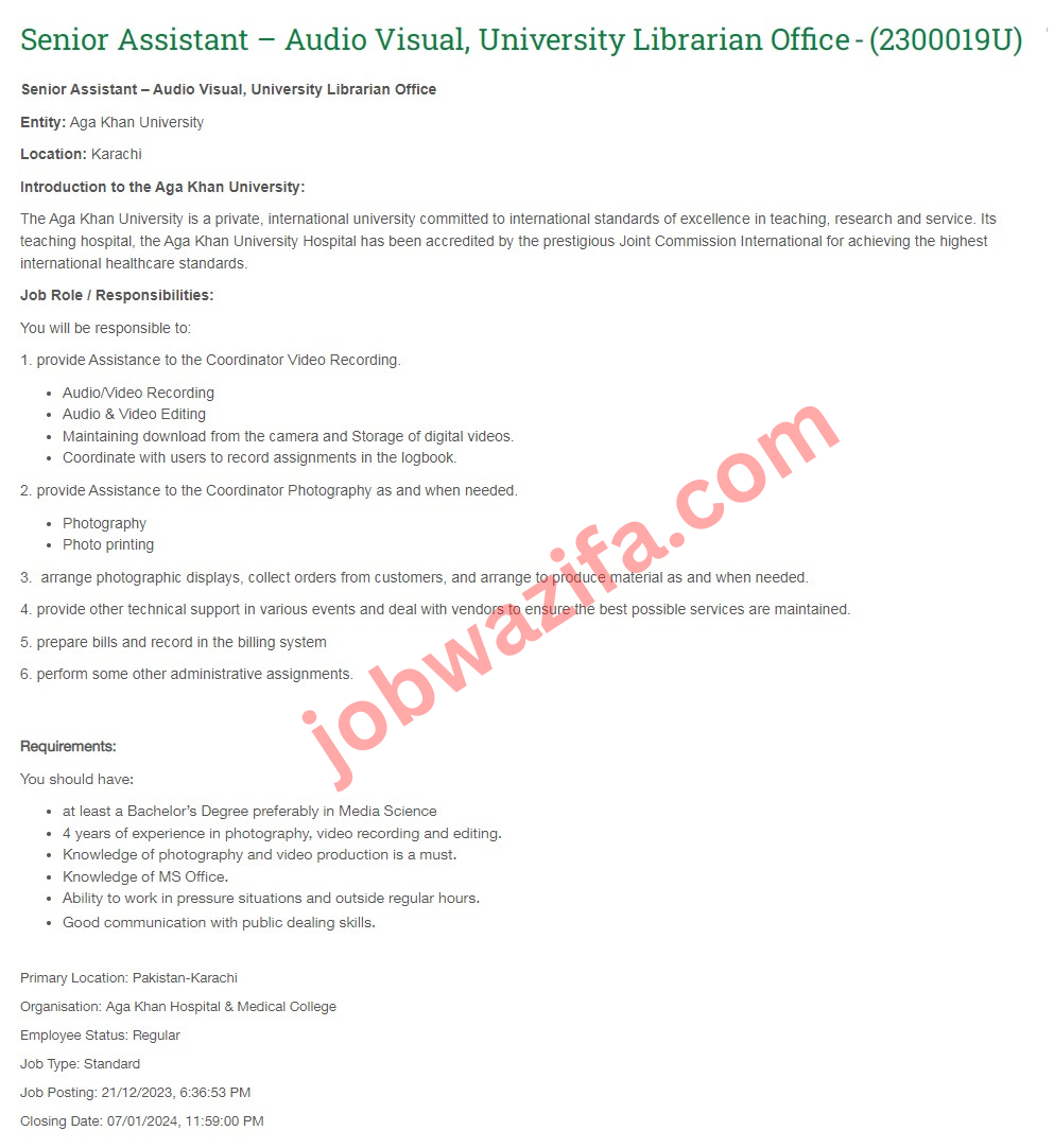 Aga Khan University Jobs 2024 Advertisement AKU in Karachi Jobs For Assistant Online Apply